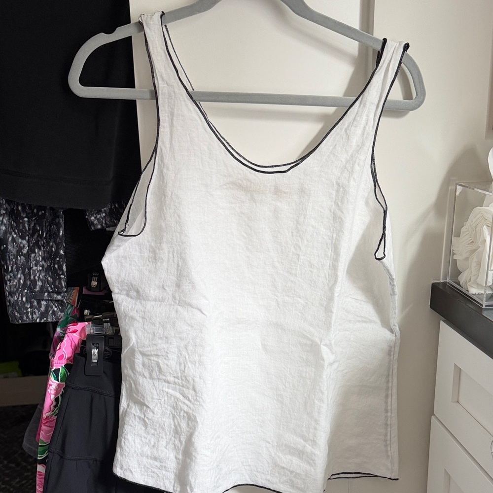 Cynthia Ashby white linen tank with black trim